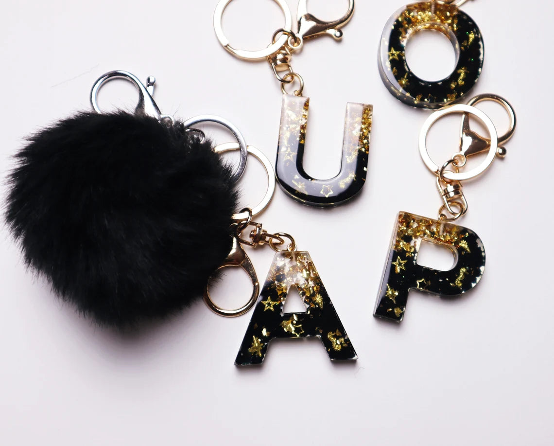 CUSTOM Resin Initial Keychain Black and Gold, Pom Pom Keychain, Resin Letter Keychain,