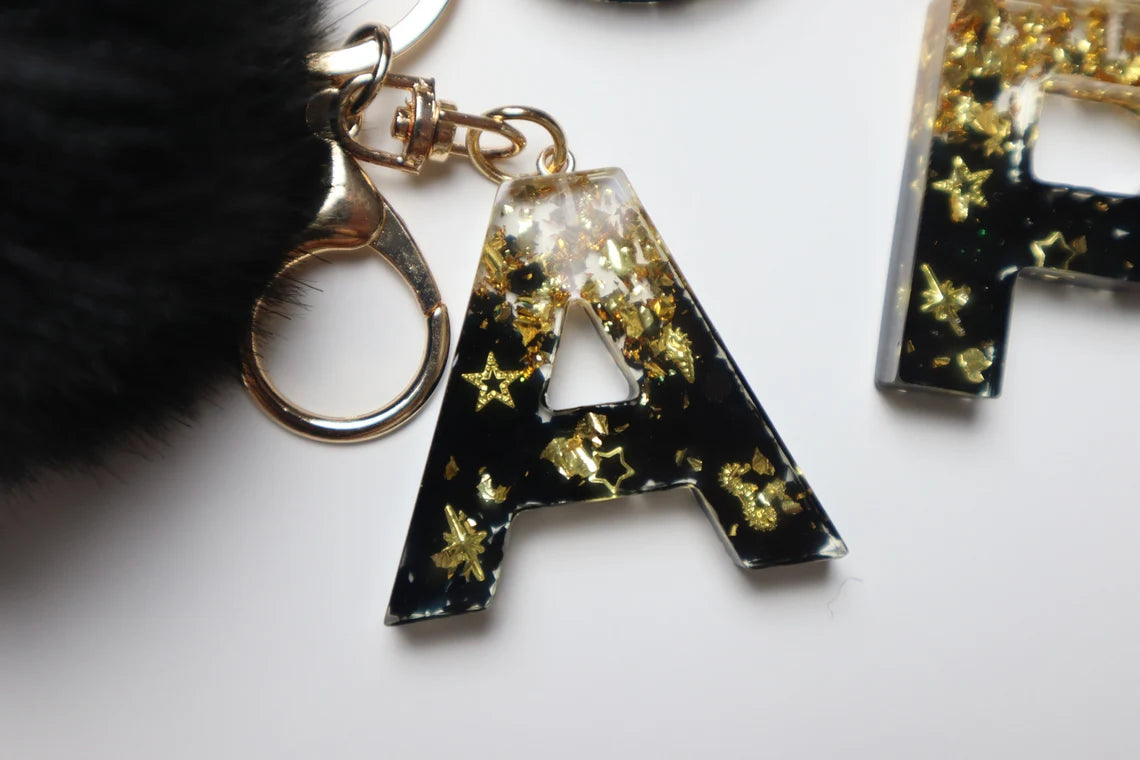 CUSTOM Resin Initial Keychain Black and Gold, Pom Pom Keychain, Resin Letter Keychain,