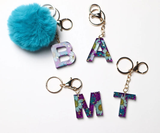 CUSTOM Resin Initial Keychain Purple and Blue, Pom Pom Keychain