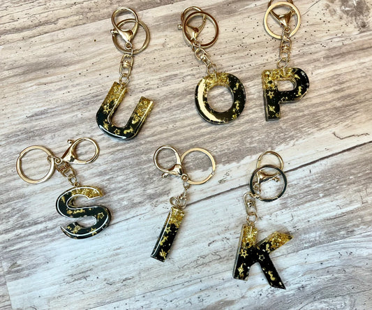 CUSTOM Resin Initial Keychain Black and Gold, Pom Pom Keychain, Resin Letter Keychain,