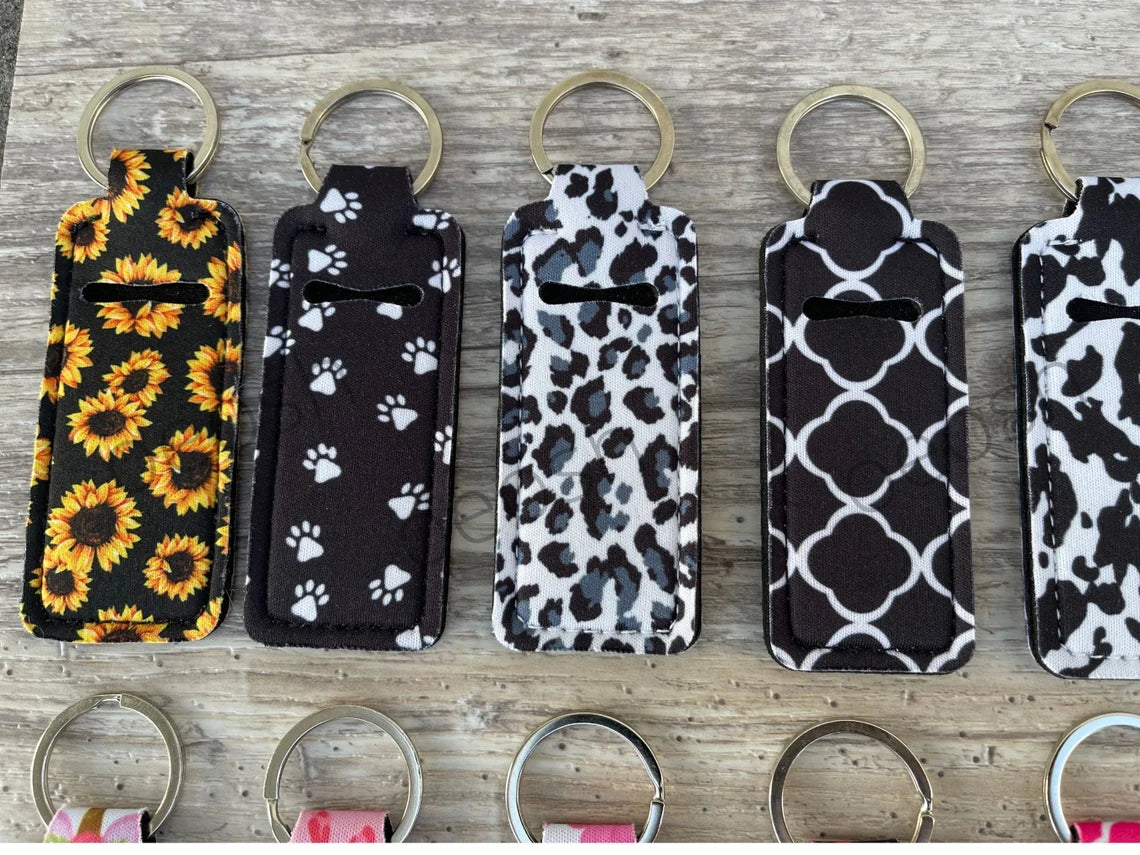 Chapstick Holder Keychain, New Cute Design Neoprene Lip Balm Keychain Holder - 6 Pack