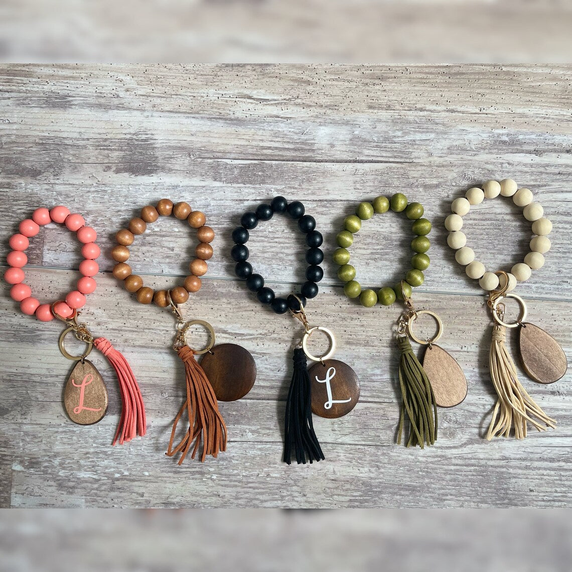 Custom Wooden bangle keychain bracelet, Tassel Keychain, Keychain for women, Initials Beaded Bracelet, Natural wooden bracelet