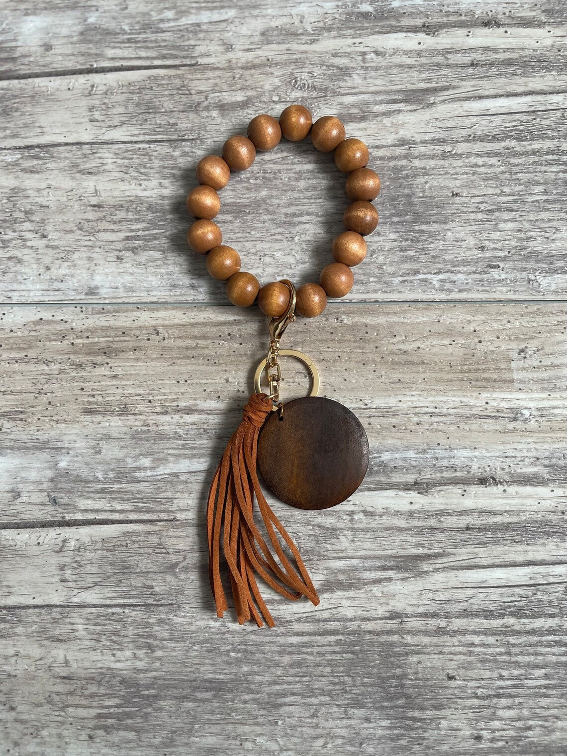 Custom Wooden bangle keychain bracelet, Tassel Keychain, Keychain for women, Initials Beaded Bracelet, Natural wooden bracelet