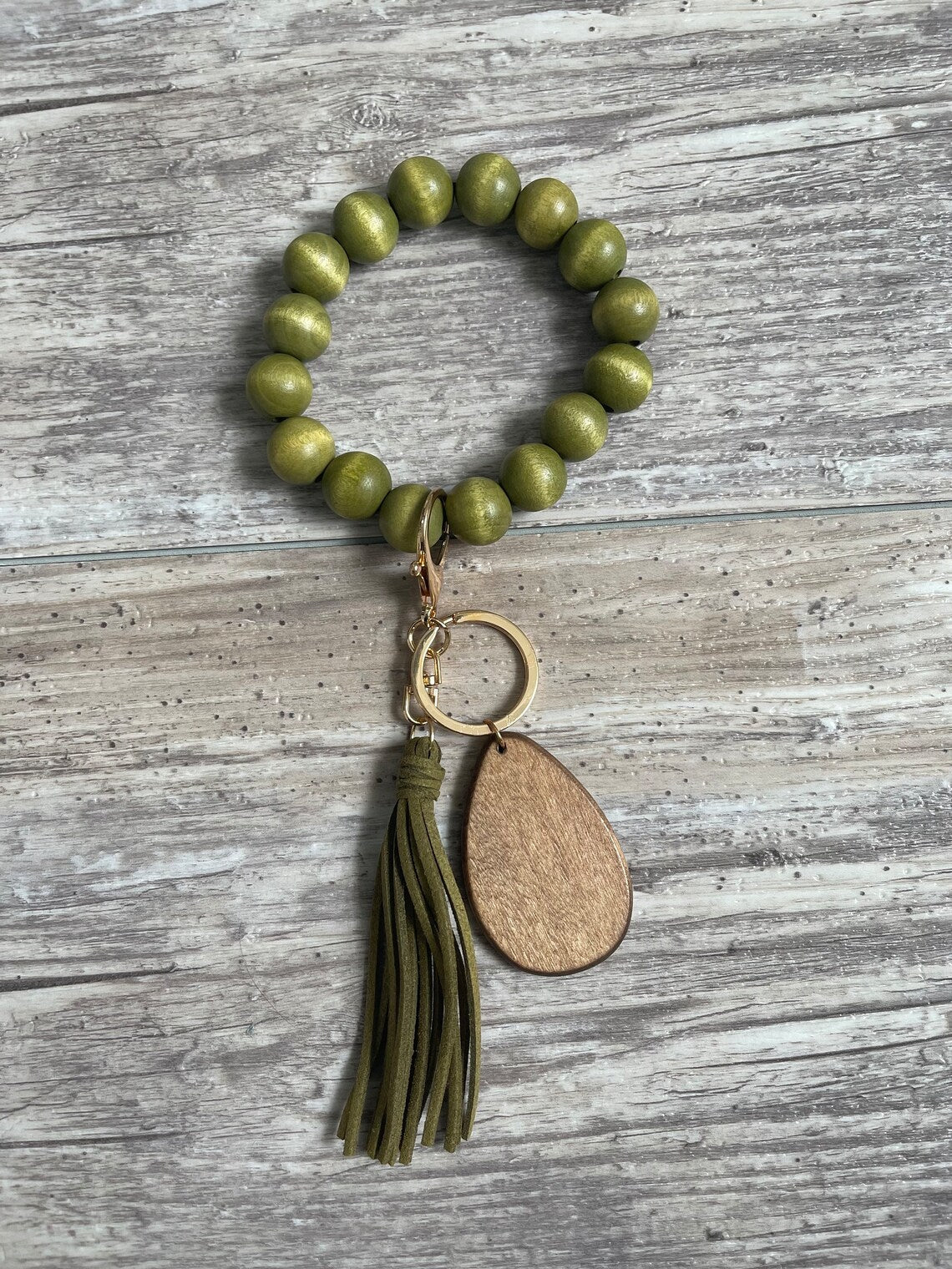 Custom Wooden bangle keychain bracelet, Tassel Keychain, Keychain for women, Initials Beaded Bracelet, Natural wooden bracelet