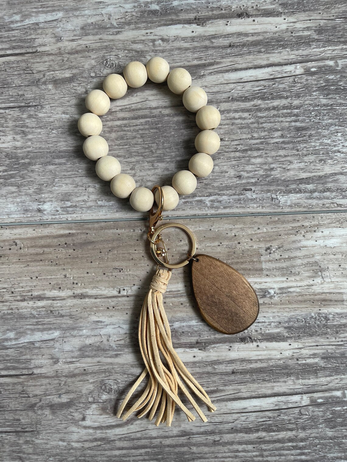 Custom Wooden bangle keychain bracelet, Tassel Keychain, Keychain for women, Initials Beaded Bracelet, Natural wooden bracelet