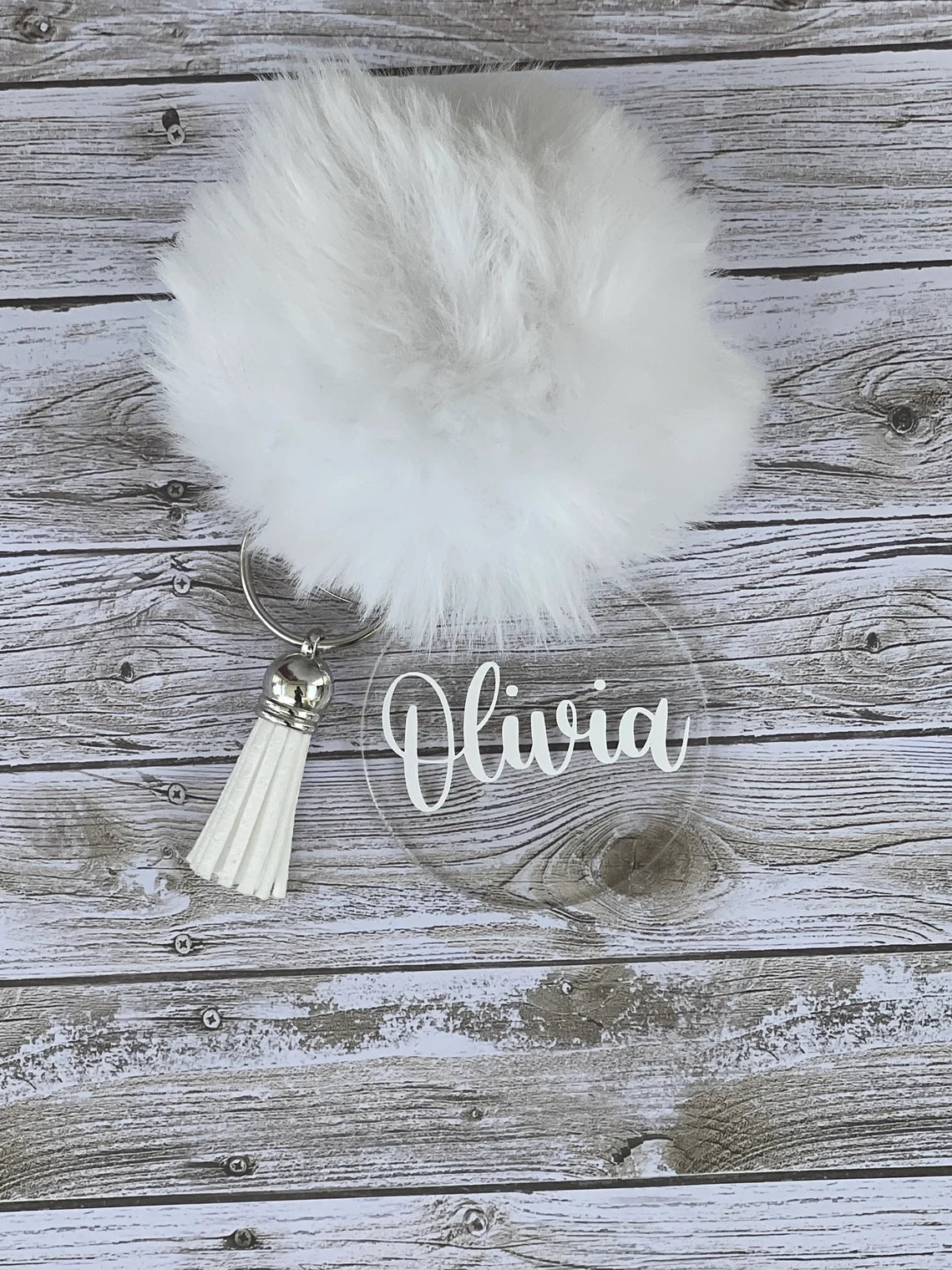 Custom Acrylic Keychain, Personalized Name with Pom Pom, Name Keychain for Backpack, Purse, Cute Keychain, Gift for Her