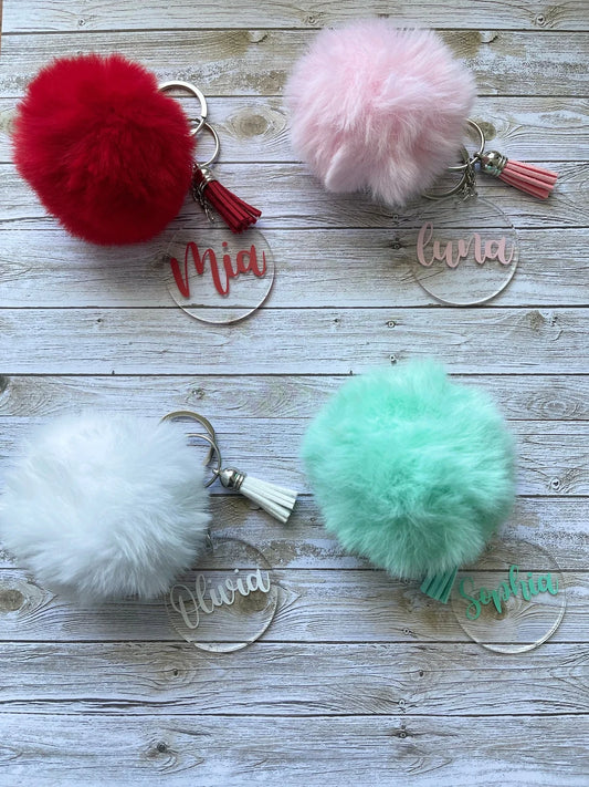 Custom Acrylic Keychain, Personalized Name with Pom Pom, Name Keychain for Backpack, Purse, Cute Keychain, Gift for Her