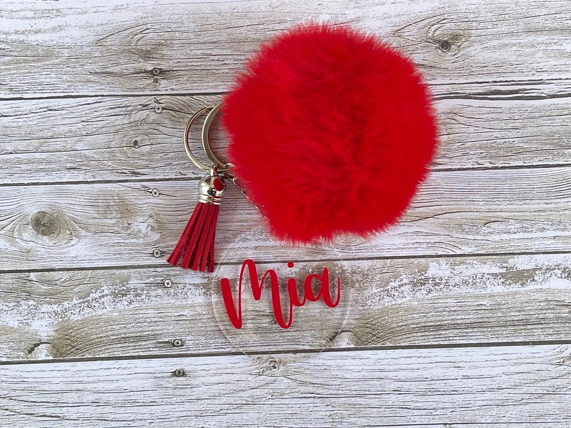 Custom Acrylic Keychain, Personalized Name with Pom Pom, Name Keychain for Backpack, Purse, Cute Keychain, Gift for Her