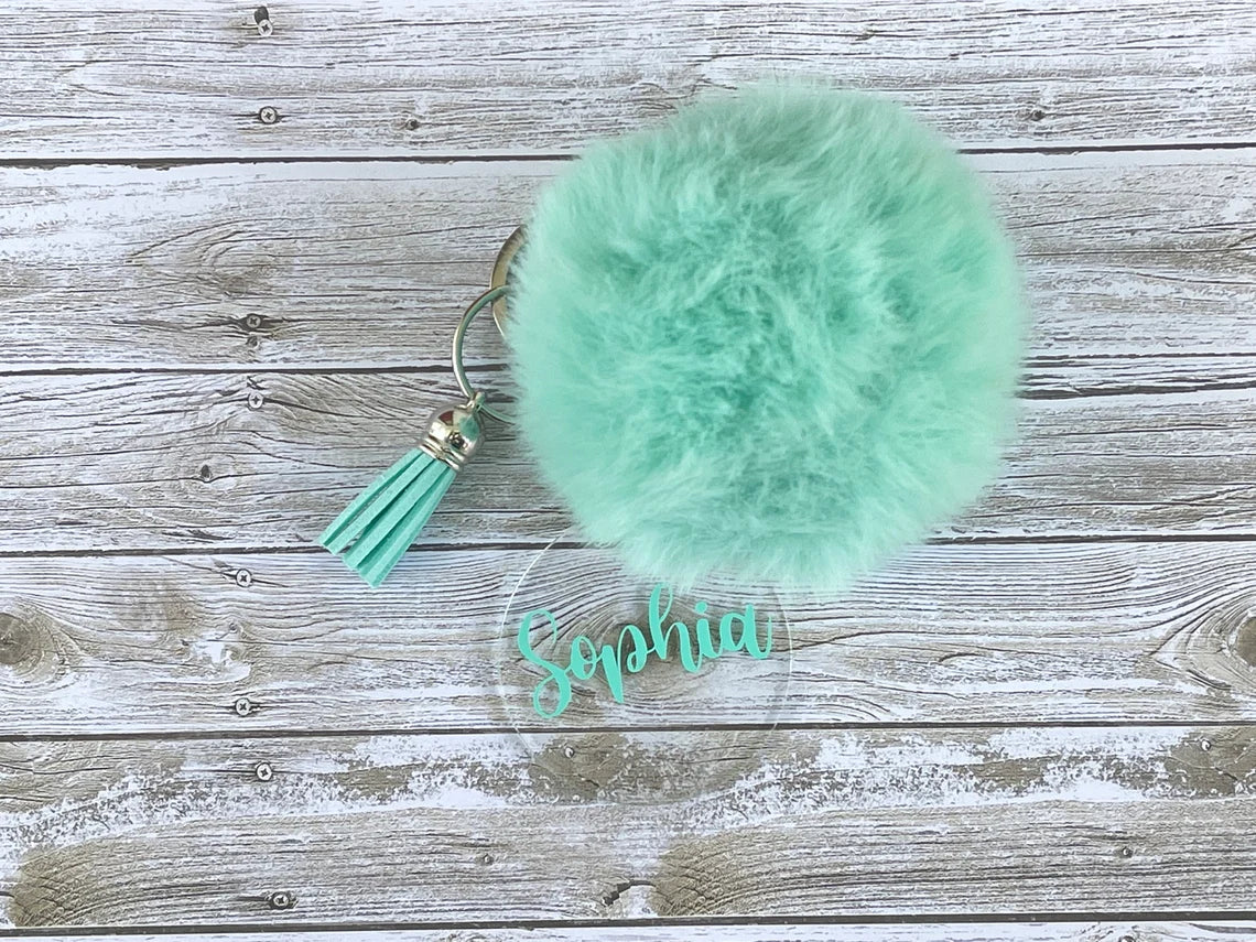 Custom Acrylic Keychain, Personalized Name with Pom Pom, Name Keychain for Backpack, Purse, Cute Keychain, Gift for Her