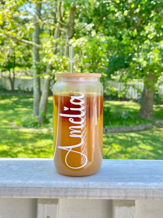 Personalized Glass Iced Coffee Cup with Lid and Straw, Iced coffee Glass Tumbler, Clear Glass Iced Coffee Cup, Glass Cup for Iced Coffee