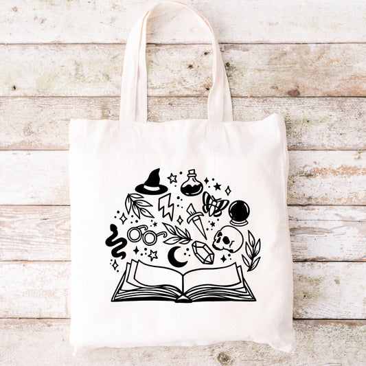 Wizard Book Themed Canvas Tote Bag, Tote bag for Women, Reader Tote Bags, Book Tote Bag, Tote bag canvas book, Reusable tote bag