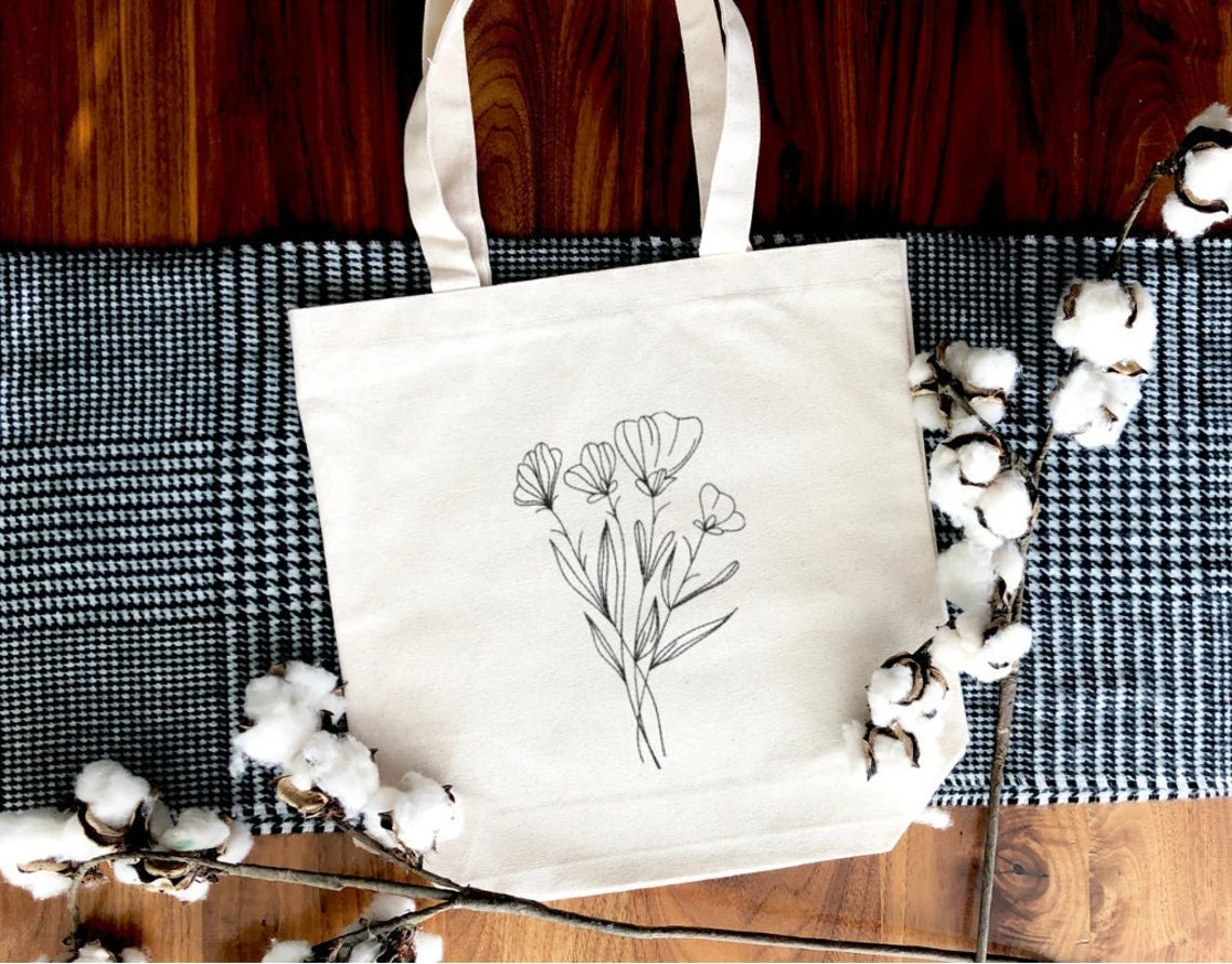 Handmade Embroidered Flower Tote Bag Floral, Tote Bag for Women, Botanical Tote Bag, Bridesmaid Tote Bag, Wildflower embroidered Tote Bag