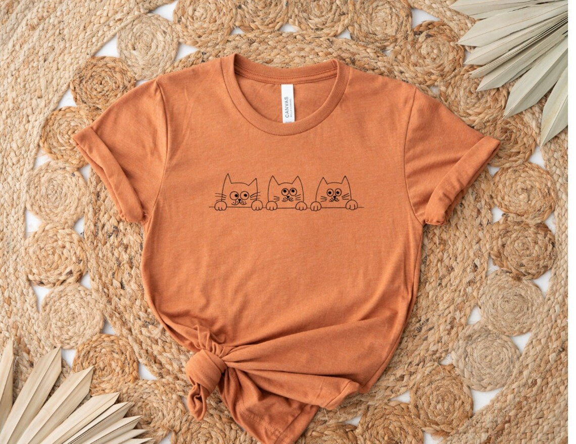 Embroidered Peeking Cat T-shirt, Autumn Shirt, Cat T-shirt, Cat lover Gift, Cute cat shirt, Cat gift for Cat lovers