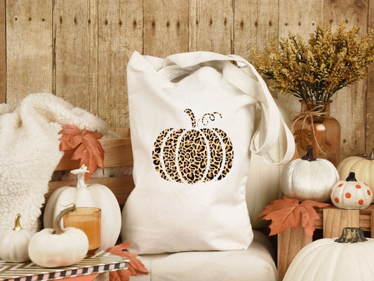 Fall Leopard Pumpkin Tote Bag, Aesthetic Tote Bag, Canvas Tote Bag, Autumn tote bag, Fall Tote, Farmhouse tote bag