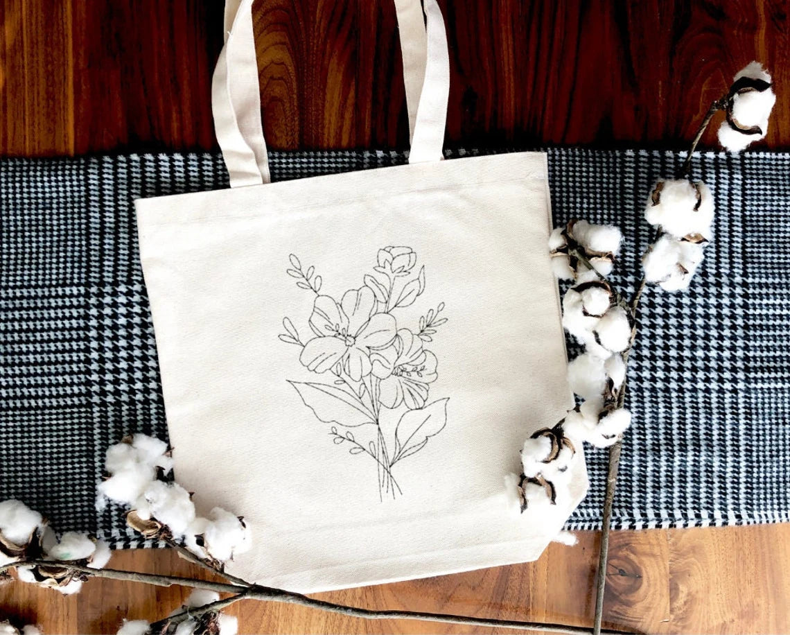 Handmade Embroidered Flower Tote Bag Floral, Tote Bag for Women, Botanical Tote Bag, Bridesmaid Tote Bag, Wildflower embroidered Tote Bag