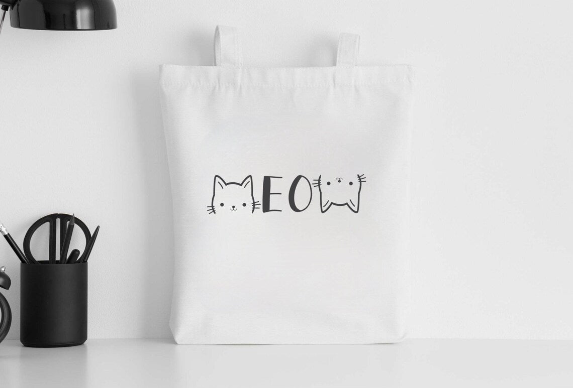 Meow Cat Themed Canvas Tote Bag, Cat Canvas Bag, Cat Tote Bag with Pockets and Zipper, Cat Tote Bag For Women, Cat lovers gift