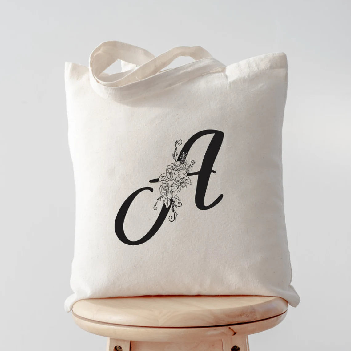 Personalized Monogram Initial Tote Bag, Custom Canvas Tote Bag with Two Pockets and Zipper, Floral Tote Bag, Aesthetic Tote Bag