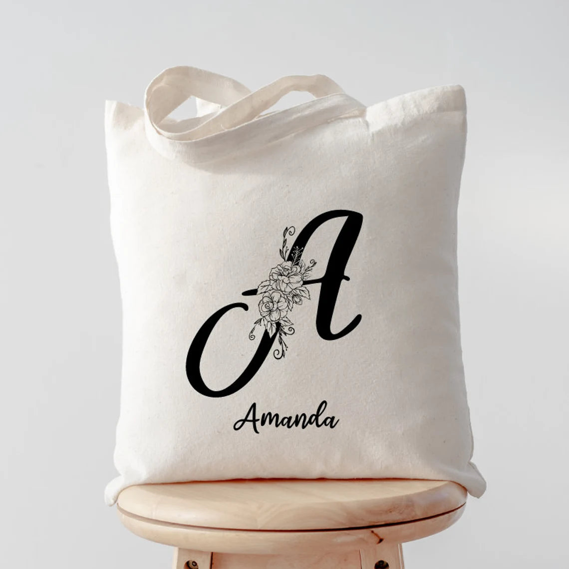 Personalized Monogram Initial Tote Bag, Custom Canvas Tote Bag with Two Pockets and Zipper, Floral Tote Bag, Aesthetic Tote Bag