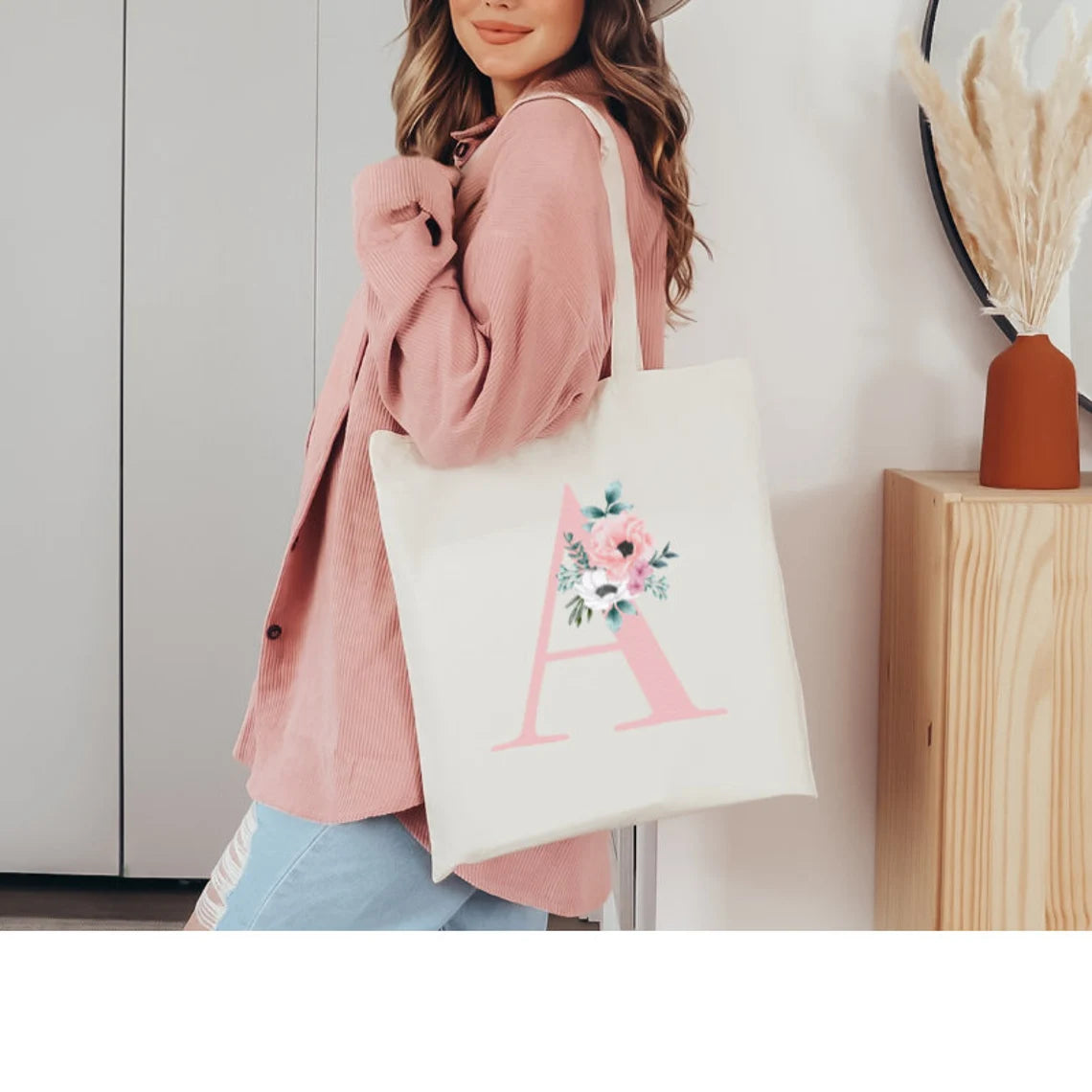 Personalized Monogram Tote Bag, Custom Initial Tote Bag, Canvas Tote Bag with Two Pockets and Zipper, Floral Tote Bag, Aesthetic Tote Bag