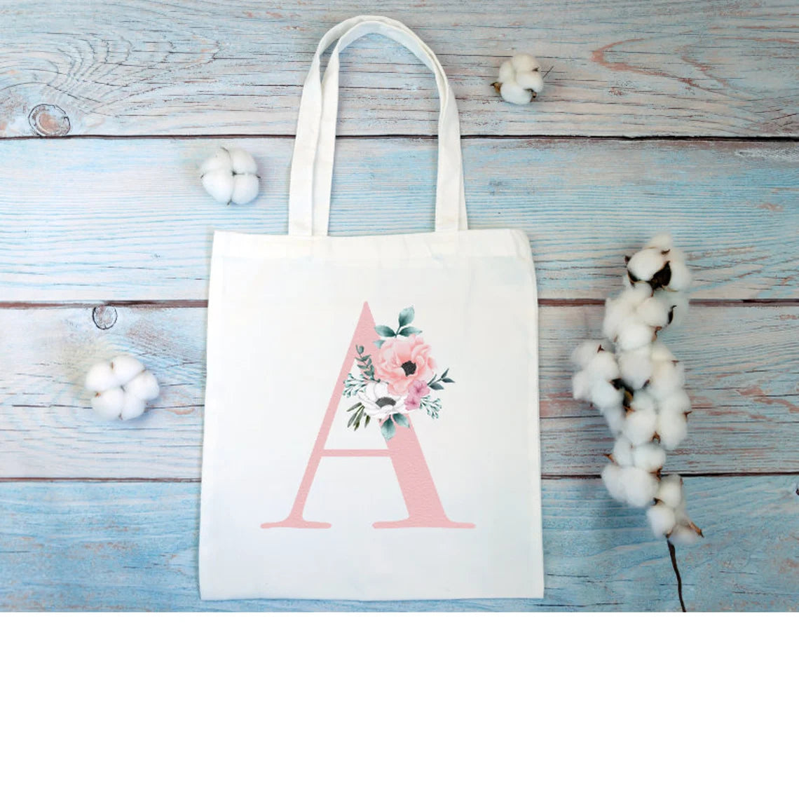 Personalized Monogram Tote Bag, Custom Initial Tote Bag, Canvas Tote Bag with Two Pockets and Zipper, Floral Tote Bag, Aesthetic Tote Bag