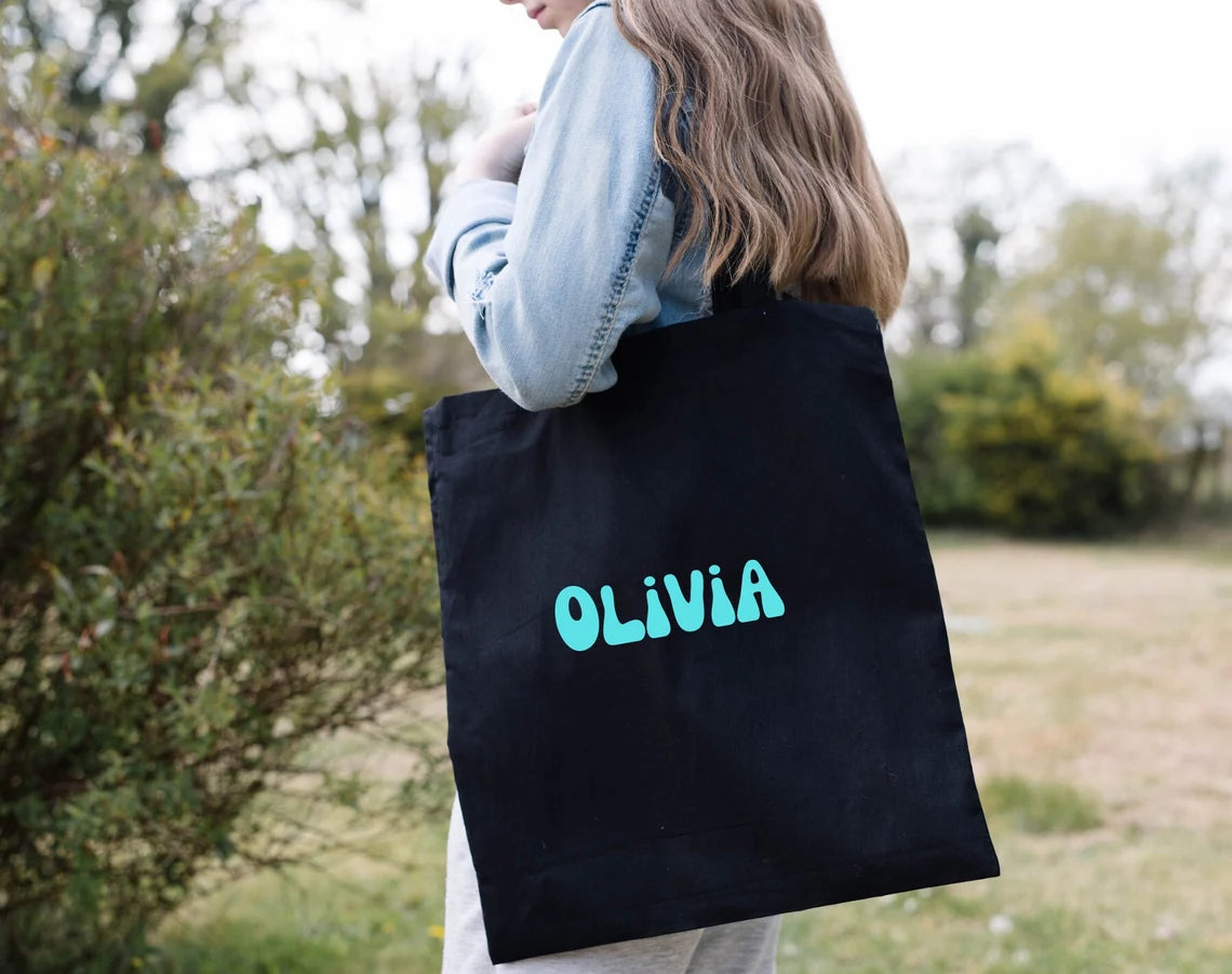 Custom Name Embroidered Canvas Tote Bag, Personalized Canvas Tote Bag with Zipper and pockets, Canvas Tote bag for women, Retro Font