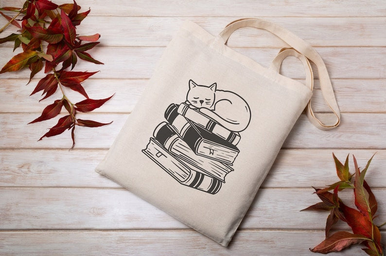 Cat Book Themed Canvas Tote Bag